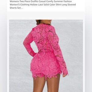 Womens Two Piece Hollow Lace Solid Color Shirt Long Sleeved Shorts Set